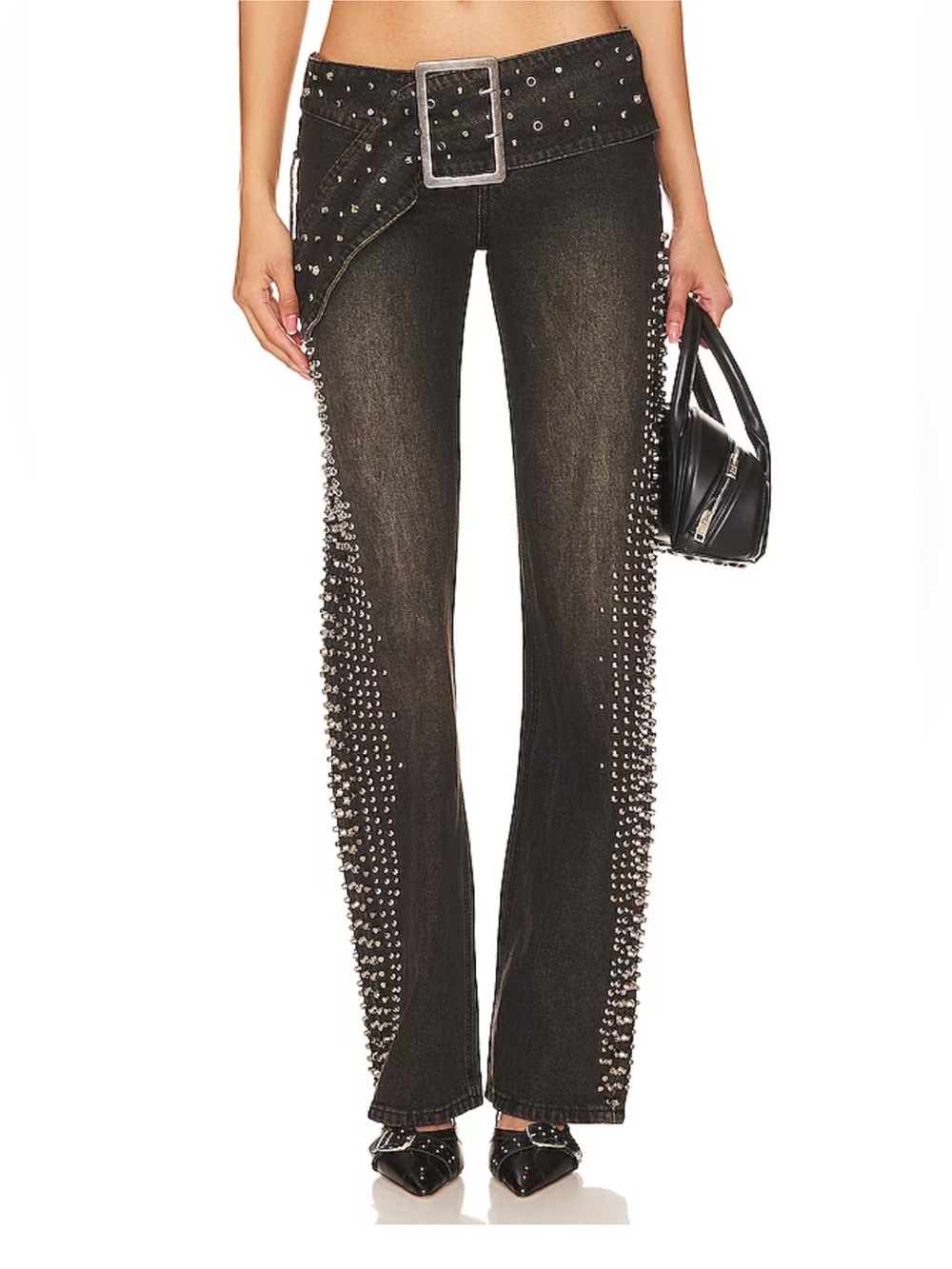 Jaded London Black Studded Flared Jeans with Buckle Waist